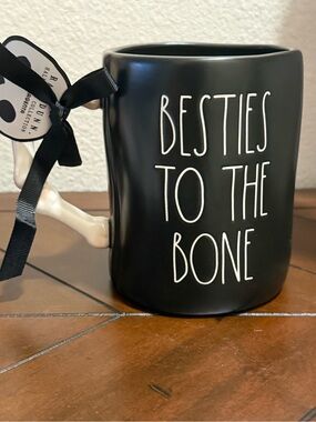 Rae Dunn MATTE Black & White Ceramic Mug w/Bone Handle BESTIES TO THE BONE-NWT